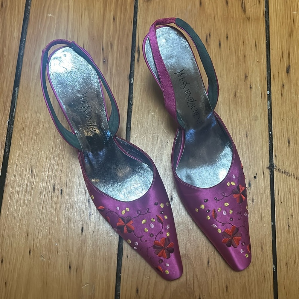 Yves Saint Lauren satin embroidered pink kitten heel sling back